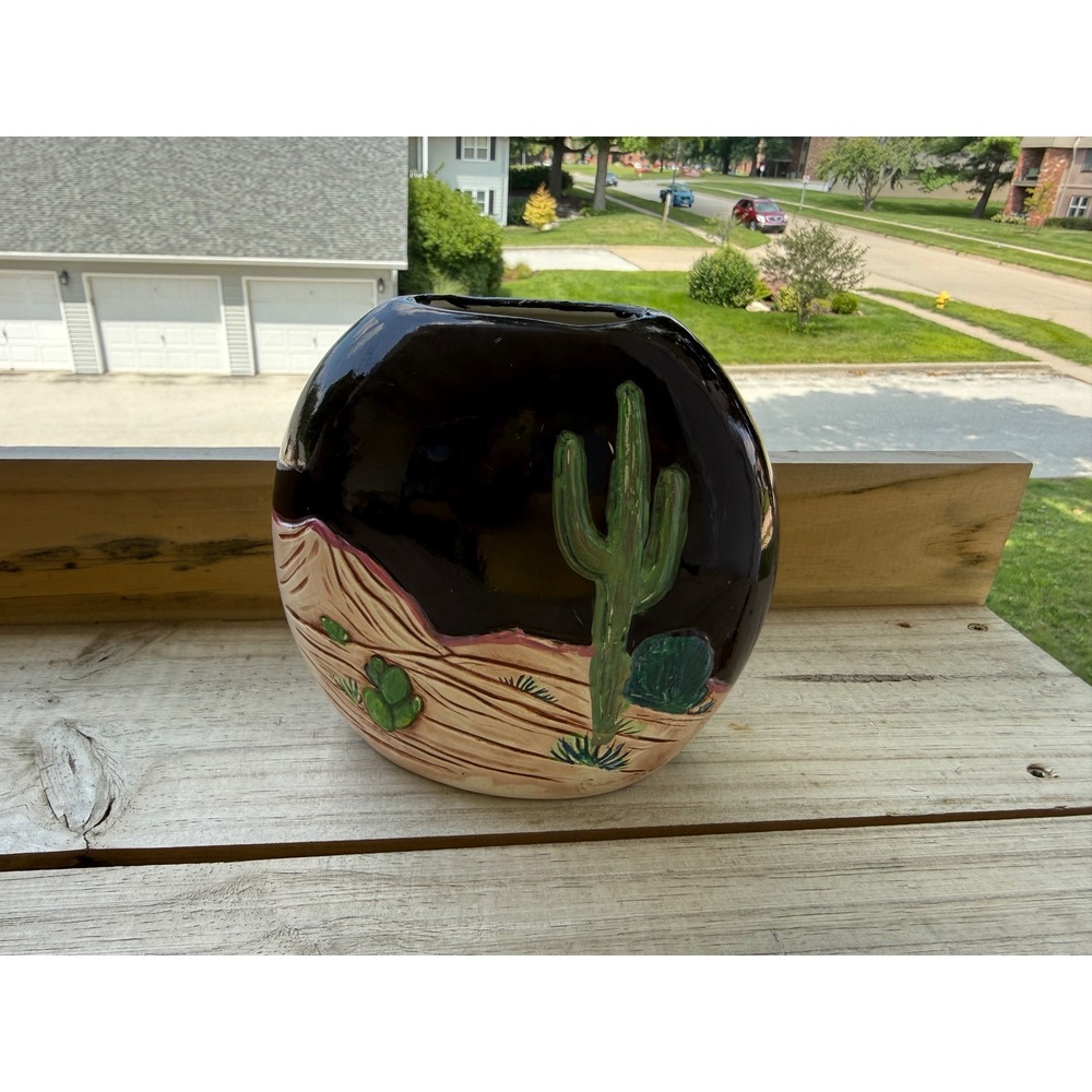 Vintage Southwestern Style Ceramic Oval Vase – Hand-Painted Desert Landscape